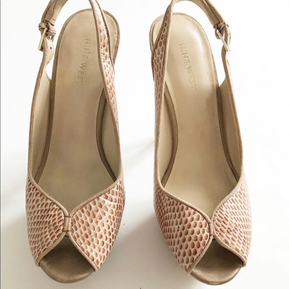 Nine West blush metallic snake skin print heels